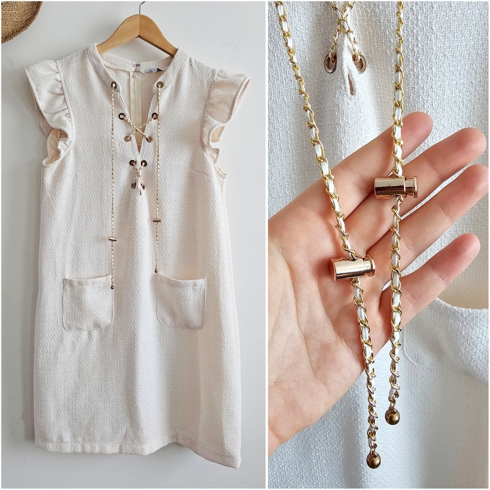 VOY Gold Chain Lace-Up Tweed Shift Dress Ivory Cream Ruffle Sleeves Pockets Size